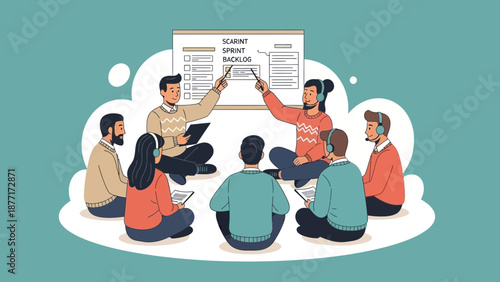 Agile team meeting, scrum planning, brainstorming and collaboration