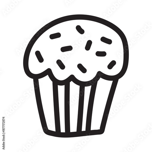 Hand-drawn Halloween cupcake outline perfect for coloring books. Spooky sweet treat doodle with creepy candy details, isolated on white background for kids' celebration pages.