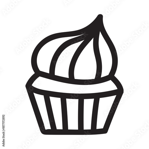 Hand-drawn Halloween cupcake outline perfect for coloring books. Spooky sweet treat doodle with creepy candy details, isolated on white background for kids' celebration pages.