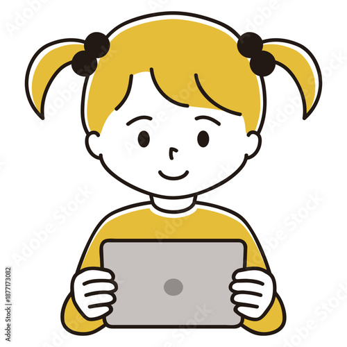 タブレット端末で勉強する女の子のイラスト