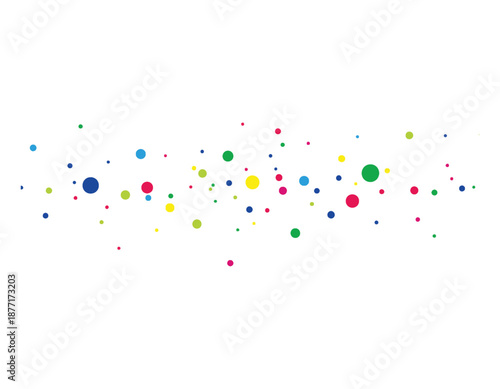 A vibrant and playful scattering of colorful dots, circles, and confetti particles creating a festive and energetic abstract background design for celebrations