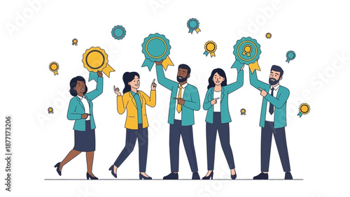 Diverse Team Celebrating Success with Awards and Medals