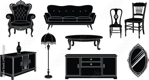 Black Silhouette Collection of Antique and Vintage Furniture and Decor black and white