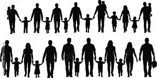 Black silhouettes of families and individuals walking and holding hands against a white background
