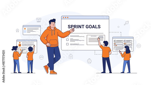 Team planning sprint goals on digital whiteboard with checklist and tasks