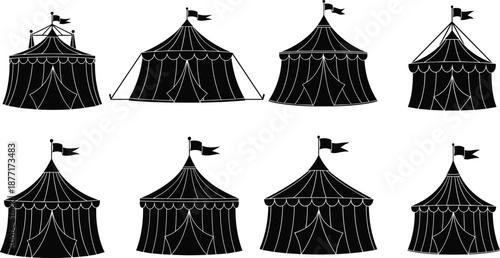 Collection of black and white circus tents with flags on white background big top