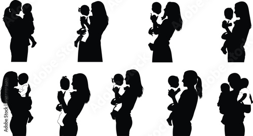 Collection of black silhouettes of mothers holding babies in various poses baby child