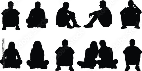 Collection of black human silhouettes sitting cross-legged and in other seated positions on white background