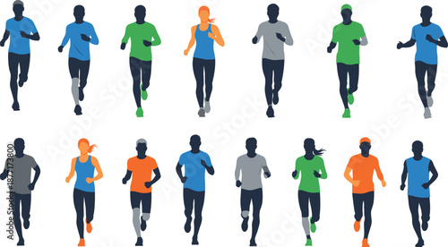Diverse group of male and female runners in silhouette with colorful athletic wear