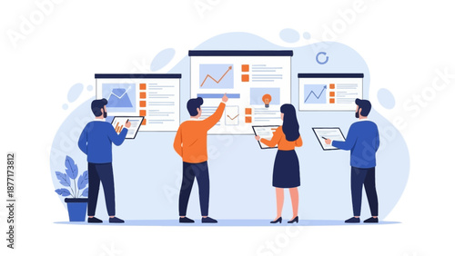 Teamwork business meeting, planning success, presentation charts, digital strategy