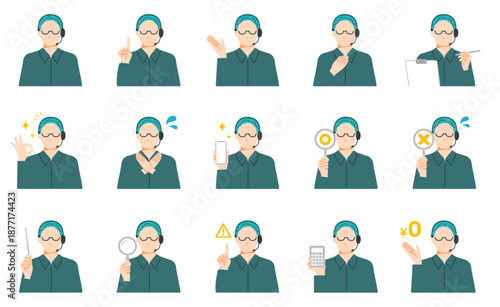 ヘッドセットをしたコールセンターで働く男性のクライアント向け表情イラストセット。フラットデザイン。