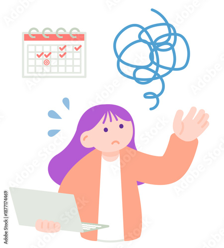 スケジュール管理で困っているノートパソコンを持った女性のイラスト