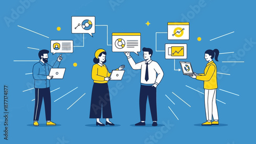 Teamwork and data analysis concept: people collaborating with laptops and charts