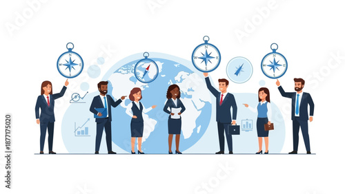 Diverse Business Team Navigating Global Strategy with Compasses and World Map