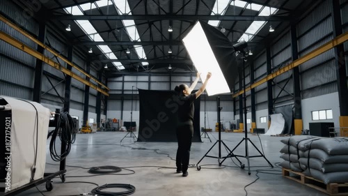 Woman Adjusts Lighting Equipment in a Large Industrial Warehouse