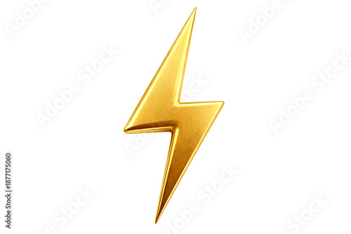 3D golden lightning bolt icon on white background. Represents electricity, energy, power, and speed. Stylized, glossy emblem for graphic design, branding, or decorative use.