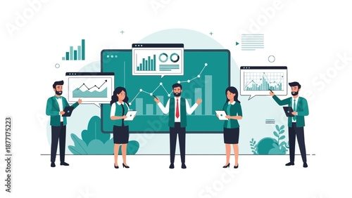 Business Team Analyzing Financial Data on Screens with Charts and Graphs