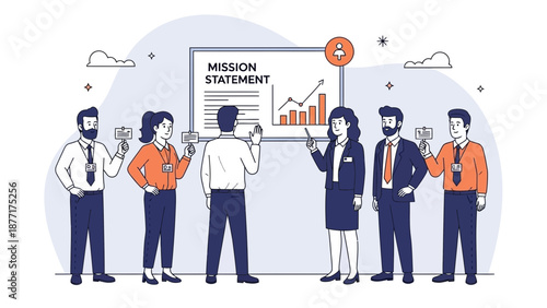 Team presenting mission statement and business growth chart on whiteboard
