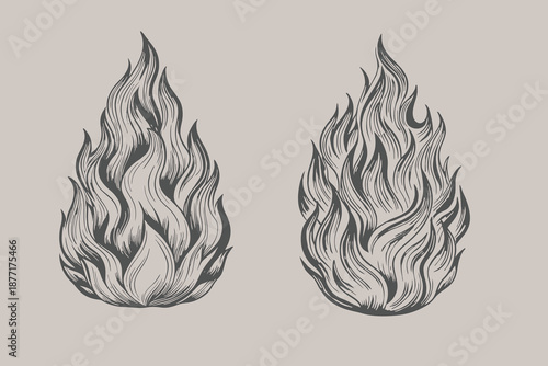 Hand drawn Fire and flame set illustration. Vintage sketch of devil's fire engraving. Retro silhouette of bonfire. Eps 10