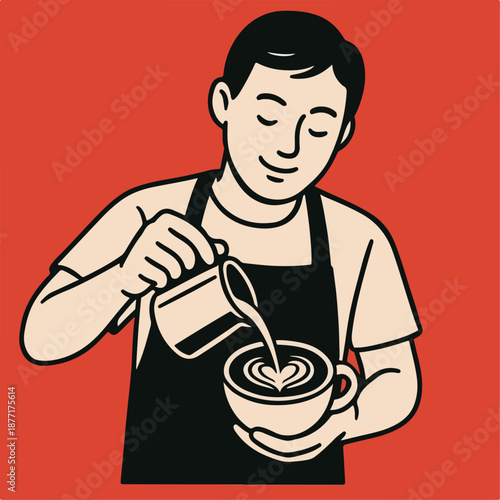 Illustration of a barista making latte art coffee