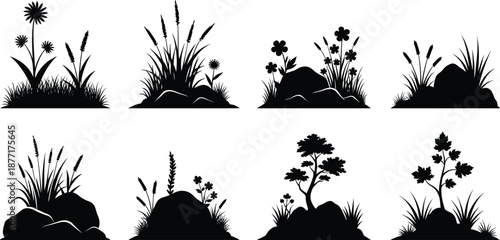 Black garden plant silhouette set with grass flowers rocks trees isolated on white background for nature landscape vector design