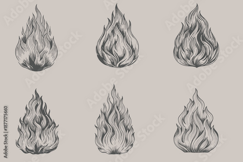 Fire and flame in vintage style. Black and white fireplace icons. Wildfire or ignition signs mockup. Hand drawn engraved monochrome bonfire sketch. Eps 10