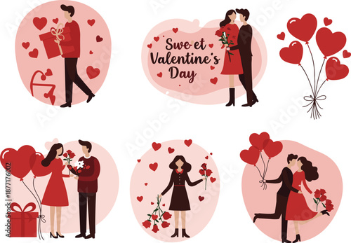 Valentine’s Day illustration set, romantic couples with hearts, gifts and balloons, love celebration vector designs isolated on white background