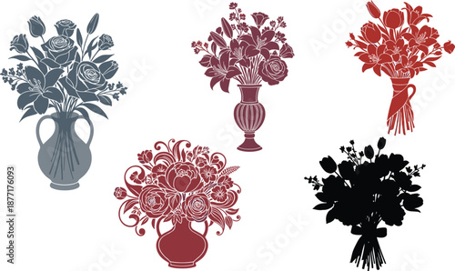 Elegant floral silhouette collection, vintage flower bouquets in vases, decorative botanical vector illustration set isolated on white background art design