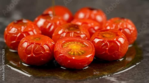Cherry Tomatoes Being Drizzled with Olive Oil on Dark Marble Surface