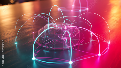 Central futuristic hub with glowing neon light connections spreading across dark surface representing decentralized network or data sharing system in vibrant colorful illumination