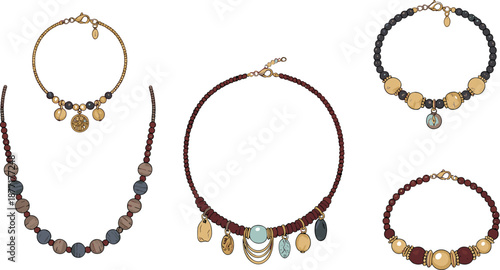 Collection of four beaded necklaces and bracelets with pendants in earthy tones jewelry