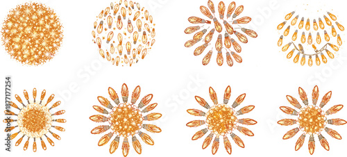 Collection of eight circular arrangements of glowing orange and yellow light bulbs and starbursts