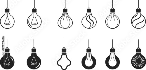 Collection of twelve diverse black and white vintage Edison light bulb icons filament