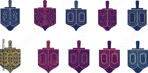 Collection of ten decorative dreidels with intricate patterns in purple blue and gold