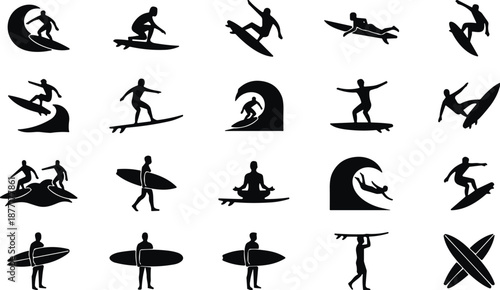 Surfing silhouette set showing surfers riding waves, tricks, balance, and ocean adventure sport activities for summer, beach, and lifestyle concepts