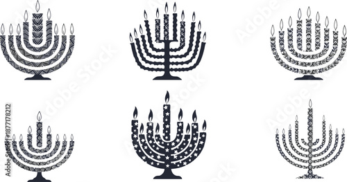 Six Dark Blue Hanukkah Menorahs with Decorative Patterns and Lit Candles on White Background