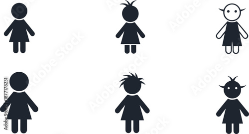Six dark blue simple stick figures with varied hairstyles and one with horns icon