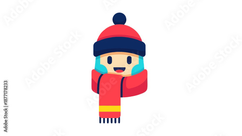 Cute Winter Character with Hat and Scarf, Flat Design Icon