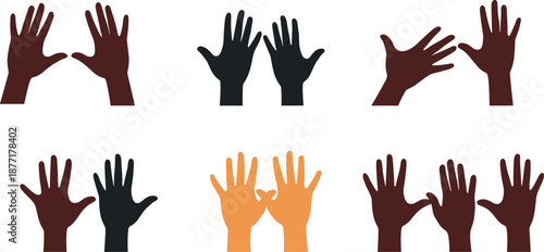 Six pairs of diverse hands reaching out and interacting in various poses human hand