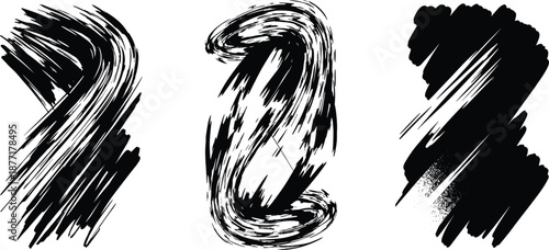 Three black abstract brush stroke shapes on white background paint