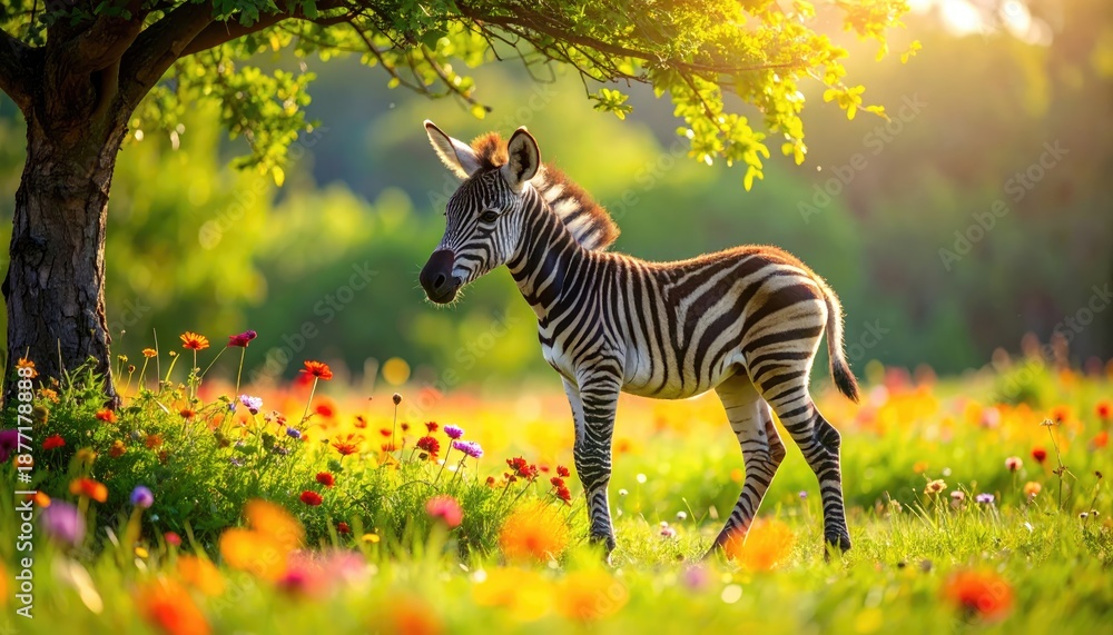 Obraz premium A young zebra stands proudly amidst a vibrant meadow filled with colorful flowers under the shade of a large tree