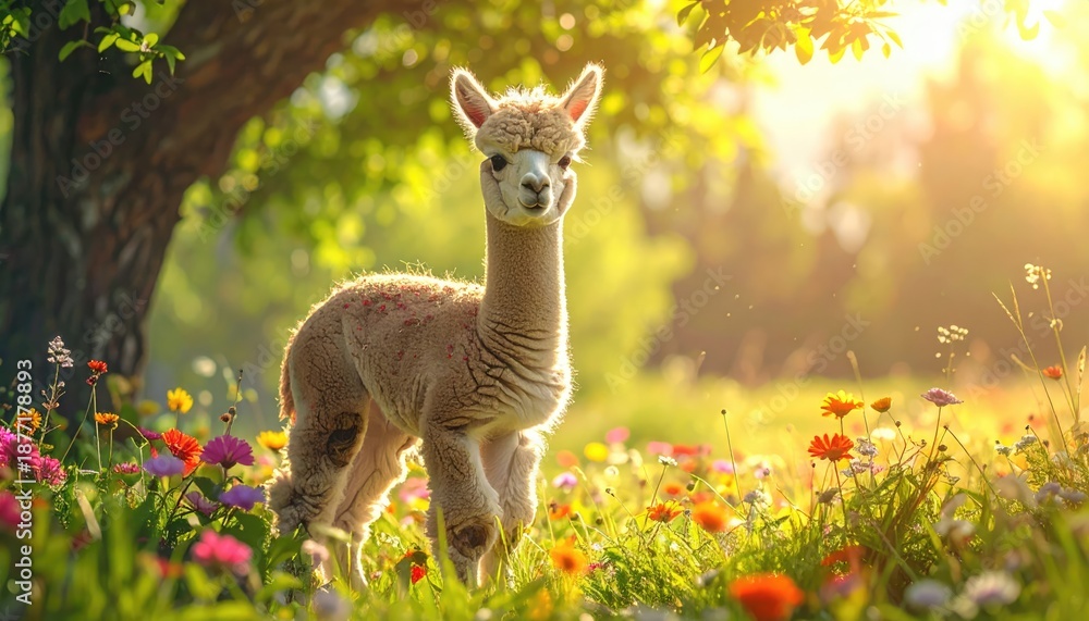 Obraz premium A charming alpaca stands in a meadow with colorful wildflowers, bathed in sunlight. The alpaca exudes a friendly and curious demeanor