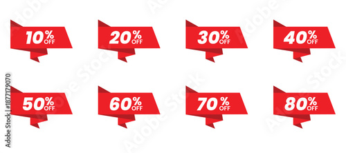 Red Percentage Sale Ribbon Banners 10% to 80% Discount Set