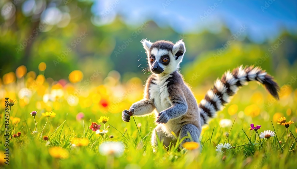 Fototapeta premium A lemur standing among wildflowers in a vibrant meadow, with a striking striped tail