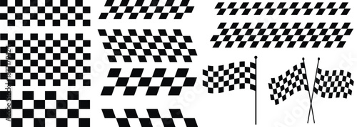 Collection of checkered flag elements in various arrangements and orientations displayed prominently in a graphic illustration.