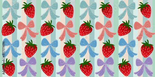 Seamless ribbon pattern featuring ripe strawberries and raspberries on a summer nature wallpaper background. A cute background suitable for children, with summer fabric patterns, food, and delicious f
