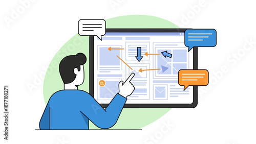 User Experience (UX) Workflow Mapping and Digital Strategy Analysis. Flat Vector Illustration of Data Flow and Process Optimization.