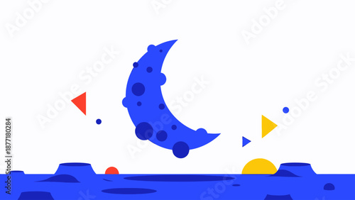 Abstract Blue Crescent Moon with Geometric Shapes and Cosmic Landscape
