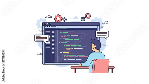 Software Developer Coding Illustration. Programmer Working on Web Application, Algorithm or Database Development Concept.
