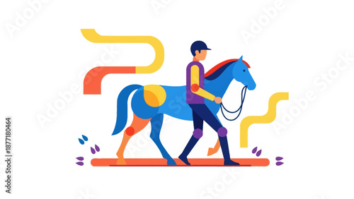 Equestrian Rider Leading Blue Horse, Abstract Shapes Vector Illustration